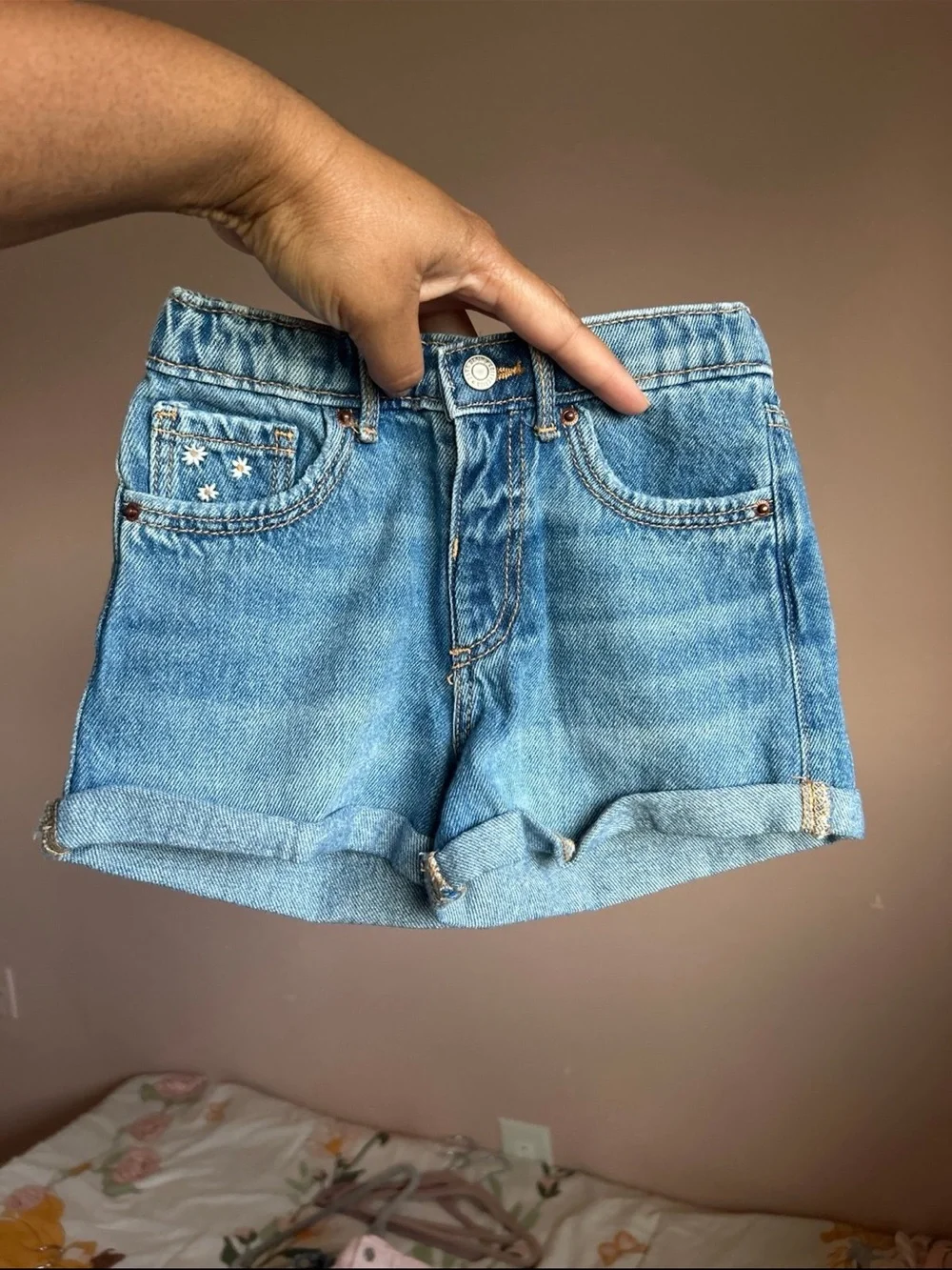 Zara Light Blue Denim Kids Roll-Cuff Jean Shorts with Star Embroidery